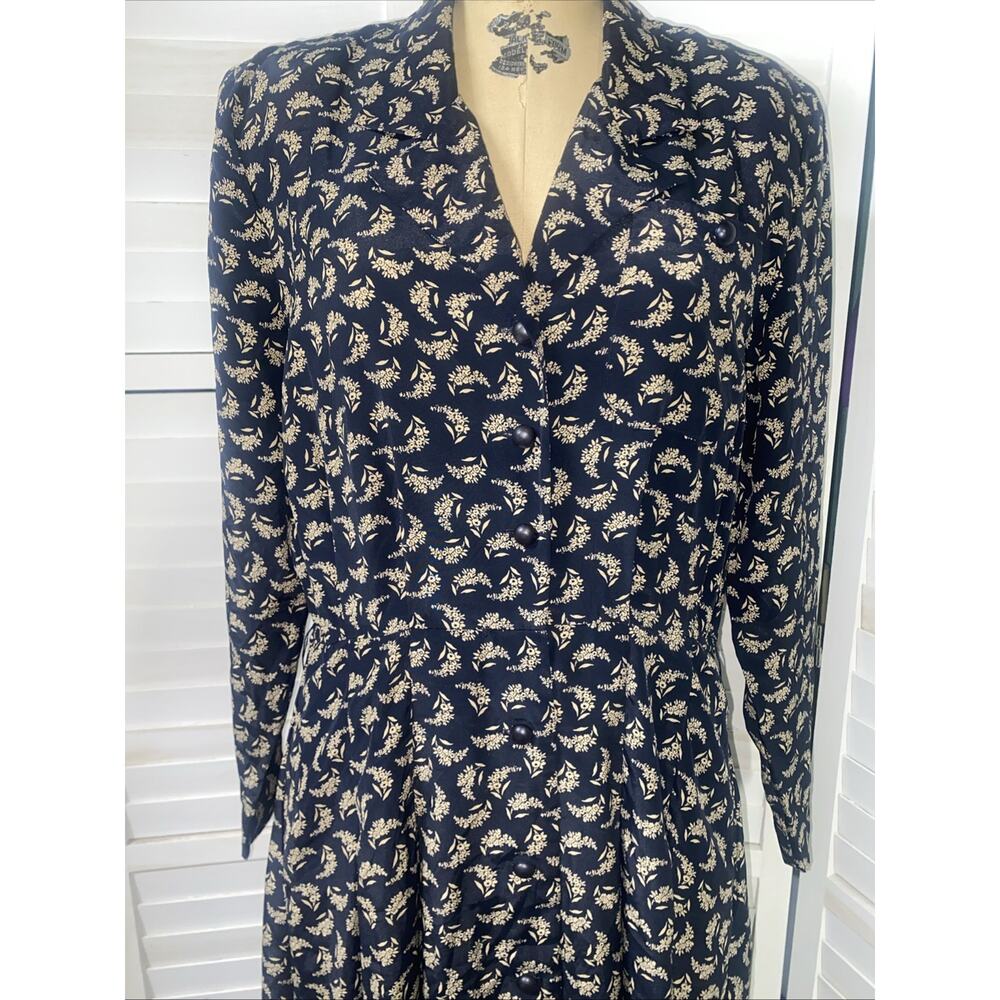 90s Leslie Faye Shirt Dress Sz 12 Large Maxi A-line Button Front Black Floral - Picture 2 of 11